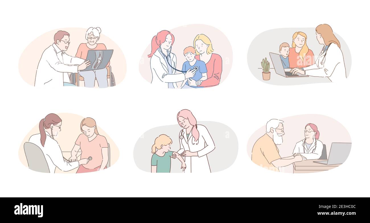 Medicare, santé, thérapeutes, pédiatres concept de travail. Médecins professionnels thérapeutes et pédiatres personnages de dessin animé consultant et Illustration de Vecteur