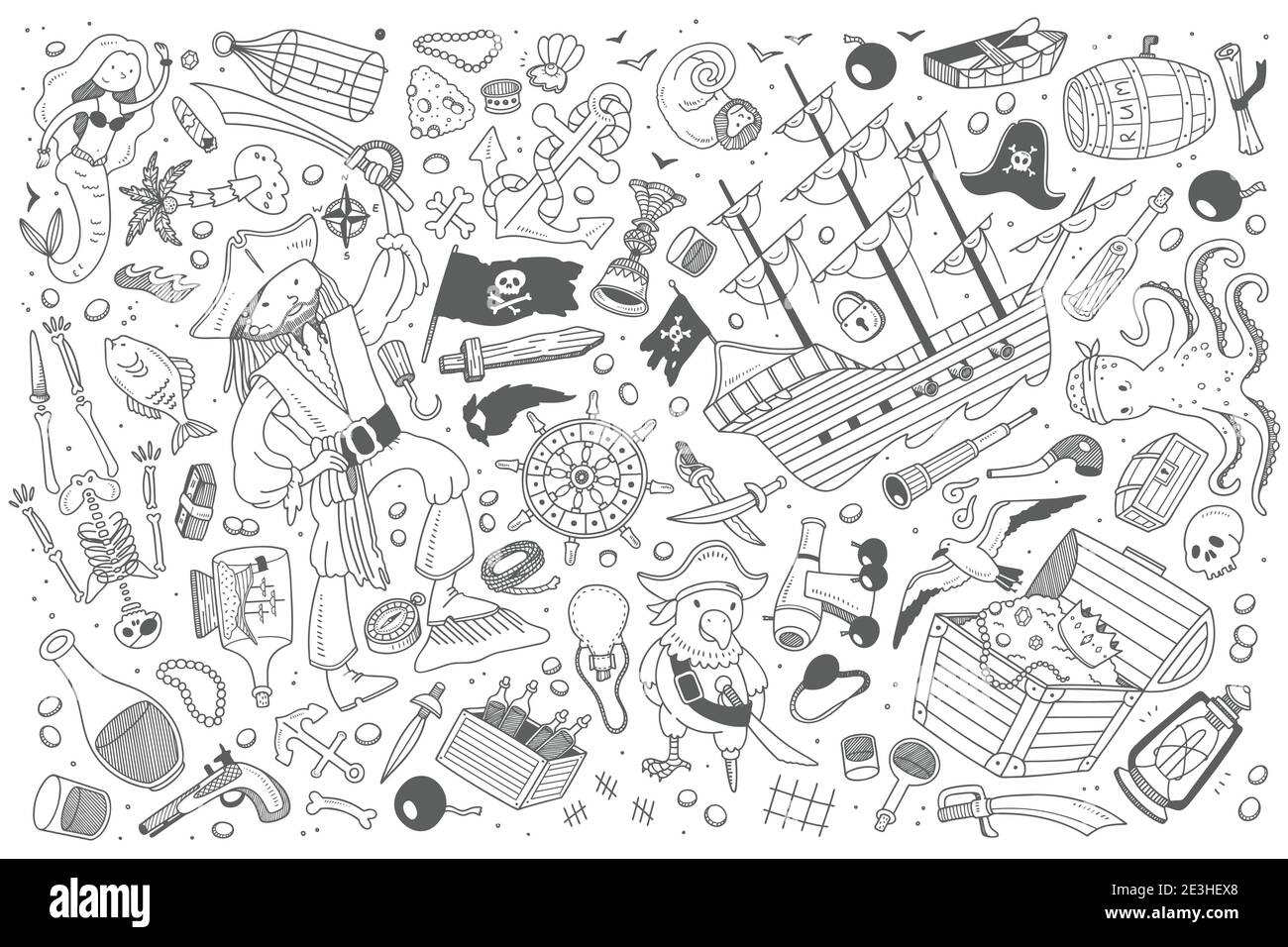 Des pirates dessinés à la main ont mis l'arrière-plan de l'illustration de vecteur de doodle Illustration de Vecteur