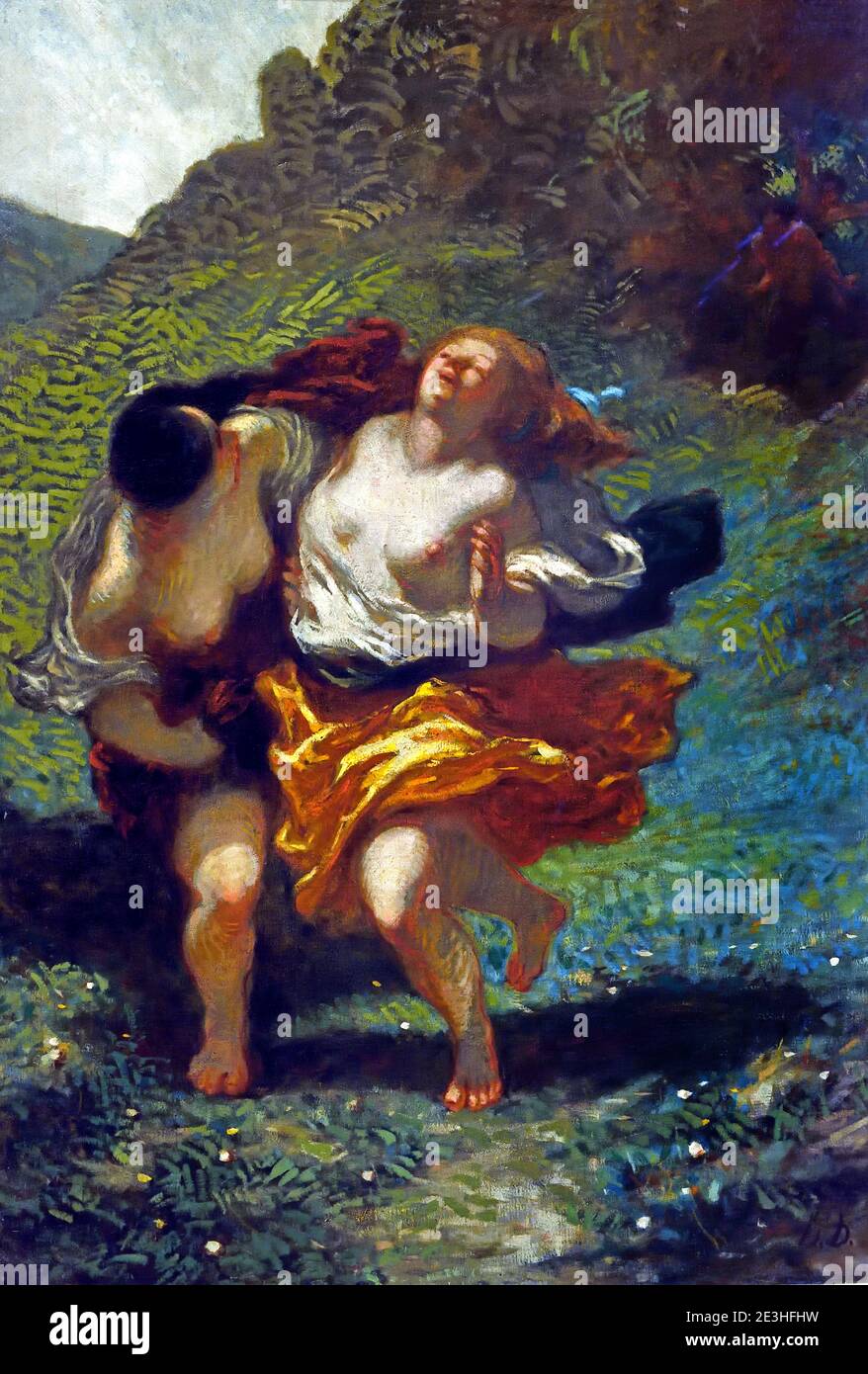 Femmes poursuivies par satyrs 1850 France, Français, Honoré Daumier 1808-1879 ( Honoré-Victorin Daumier était un peintre, sculpteur et graveur français, dont de nombreuses œuvres offrent des commentaires sur la vie sociale et politique en France ) Banque D'Images