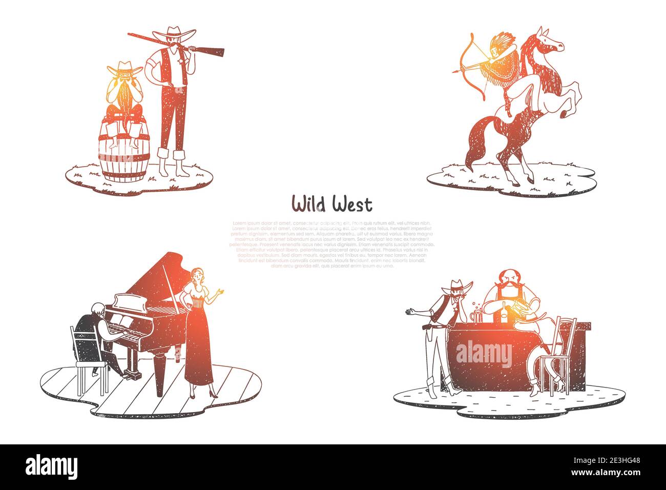 Wild West - Indian avec tir à l'arc à cheval, chasseur avec arme à feu, saloon avec boissons et taverne avec musiciens vecteur concept set. Esquisse dessinée à la main isolée Illustration de Vecteur