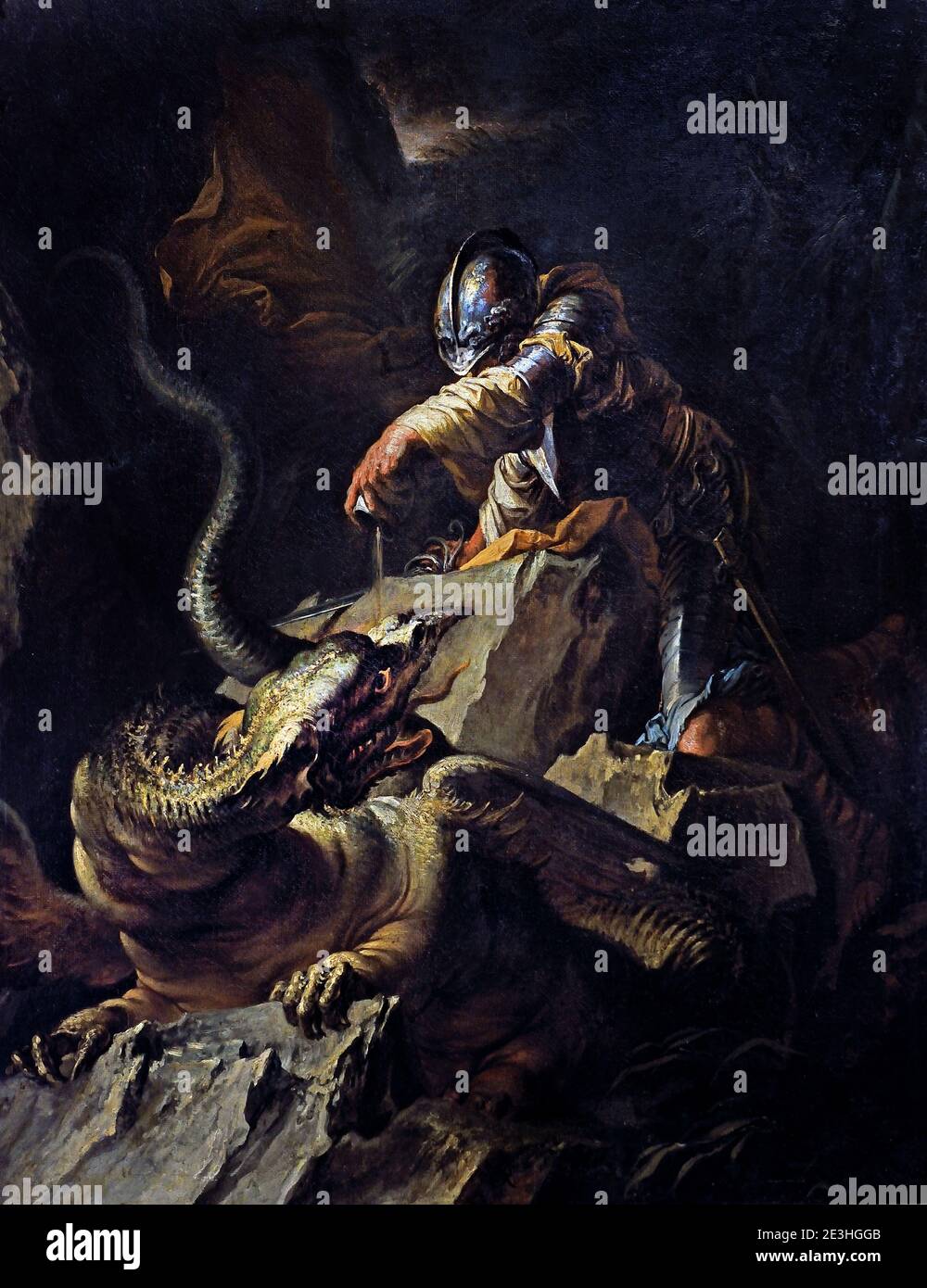 Jason Charming the Dragon, 1665 ans, par Salvator Rosa 1615-1673, Italien, Italie ( Histoire de « Jason et le Golden Fleece », racontée dans le célèbre travail du poète latin Ovid, The Metamorphoses. Rosa dépeint le héros mythique gréco-romain en utilisant les herbes magiques que la sorcière Medea lui a donné de charme le dragon qui garde l'objet de sa quête, la polaire dorée d'un bélier légendaire, un talisman d'immortalité. ) Banque D'Images