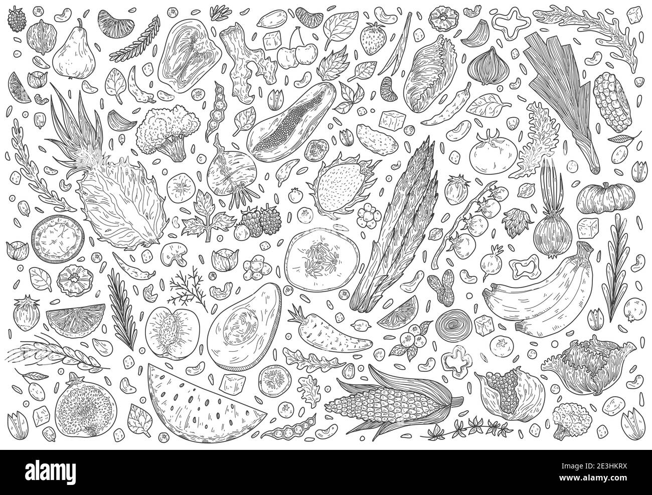 Ensemble avec des fruits et légumes dessinés à la main. Ensemble d'icônes plates : oignon, tomate, pomme, ananas, betterave, citron, poire, pois, fraise, baies, carro Illustration de Vecteur