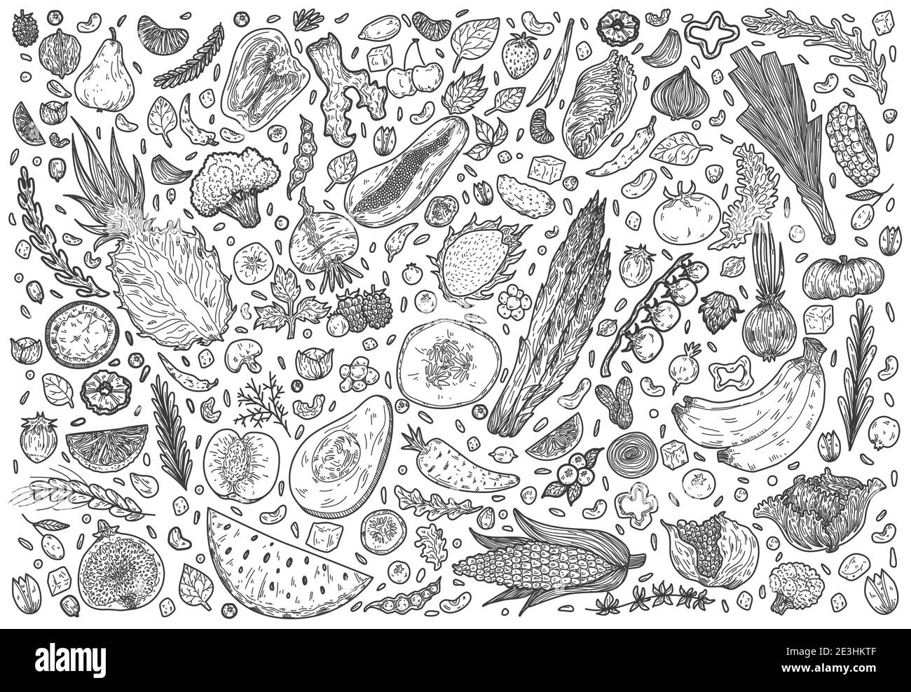 Ensemble avec des fruits et légumes dessinés à la main. Ensemble d'icônes plates : oignon, tomate, pomme, poire, pois, fraise, baies, carotte. Grand set végétarien. V Illustration de Vecteur