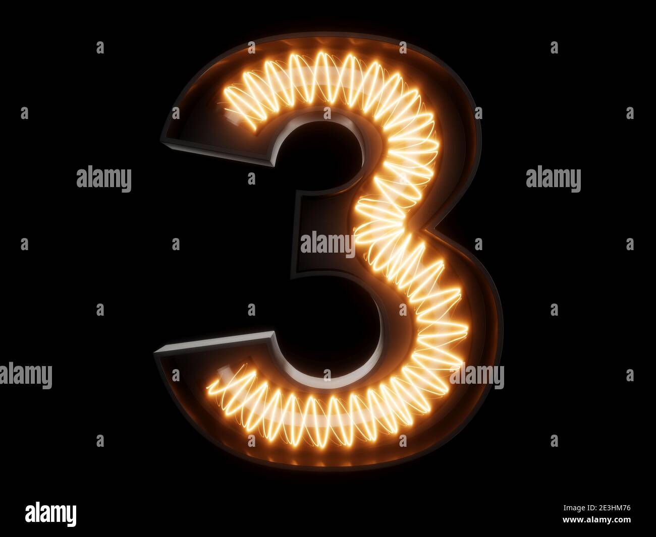 Ampoule en forme de spirale lumineuse caractère alphabétique 3 trois polices. Vue avant symbole 1 allumé sur fond noir. illustration du rendu 3d Banque D'Images