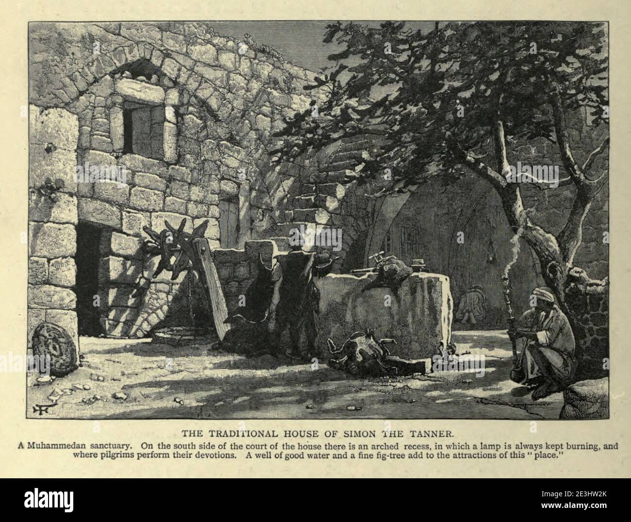LA MAISON TRADITIONNELLE DE SIMON LE TANNER. Un sanctuaire de Muhammedan. Sur le côté sud de la cour de la maison il y a une niche voûtée, dans laquelle une lampe est toujours allumée, et où les pèlerins effectuent leurs dévotions. Un bon puits d'eau et un beau figuier ajoutent aux attractions de cet endroit. Gravure en bois de 'la Palestine pittoresque, le Sinaï et l'Egypte' par Wilson, Charles William, Sir, 1836-1905; Lane-Poole, Stanley, 1854-1931 Volume 3. Publié par J. S. Virtue and Co 1883 Banque D'Images