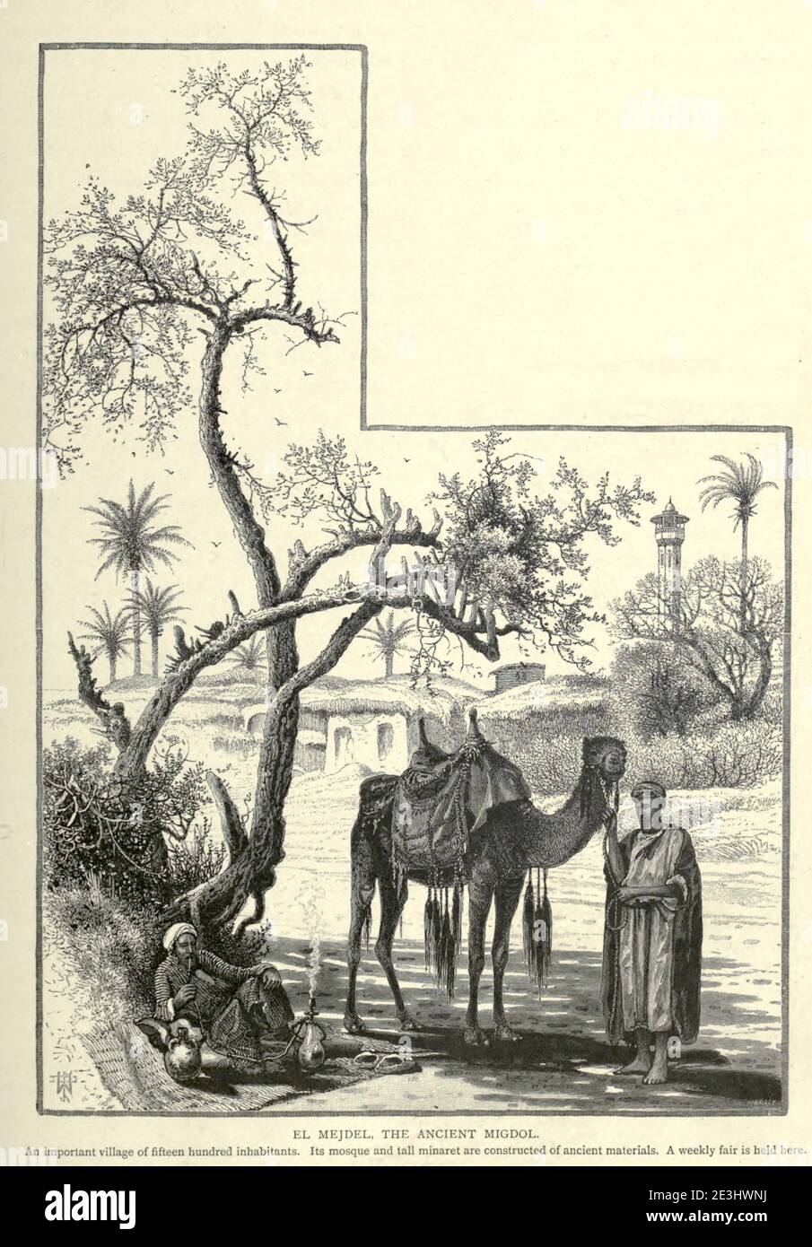 EL MEJDEL, L'ANCIEN MIGDOL [Ashkelon ou Ashqelon]. Un important village de quinze cents habitants. Sa mosquée et son grand minaret sont construits de matériaux anciens. Une foire hebdomadaire est organisée ici. Gravure en bois de 'la Palestine pittoresque, le Sinaï et l'Egypte' par Wilson, Charles William, Sir, 1836-1905; Lane-Poole, Stanley, 1854-1931 Volume 3. Publié par J. S. Virtue and Co 1883 Banque D'Images