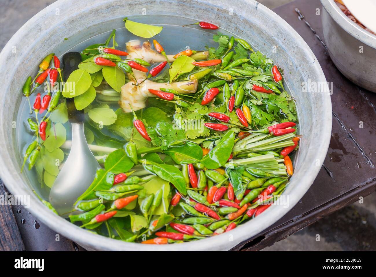 Piment frais, citronnelle, feuilles de caffir, galangal et coriandre, qui sont des herbes thaïlandaises pour cuisiner dans le bassin. Banque D'Images
