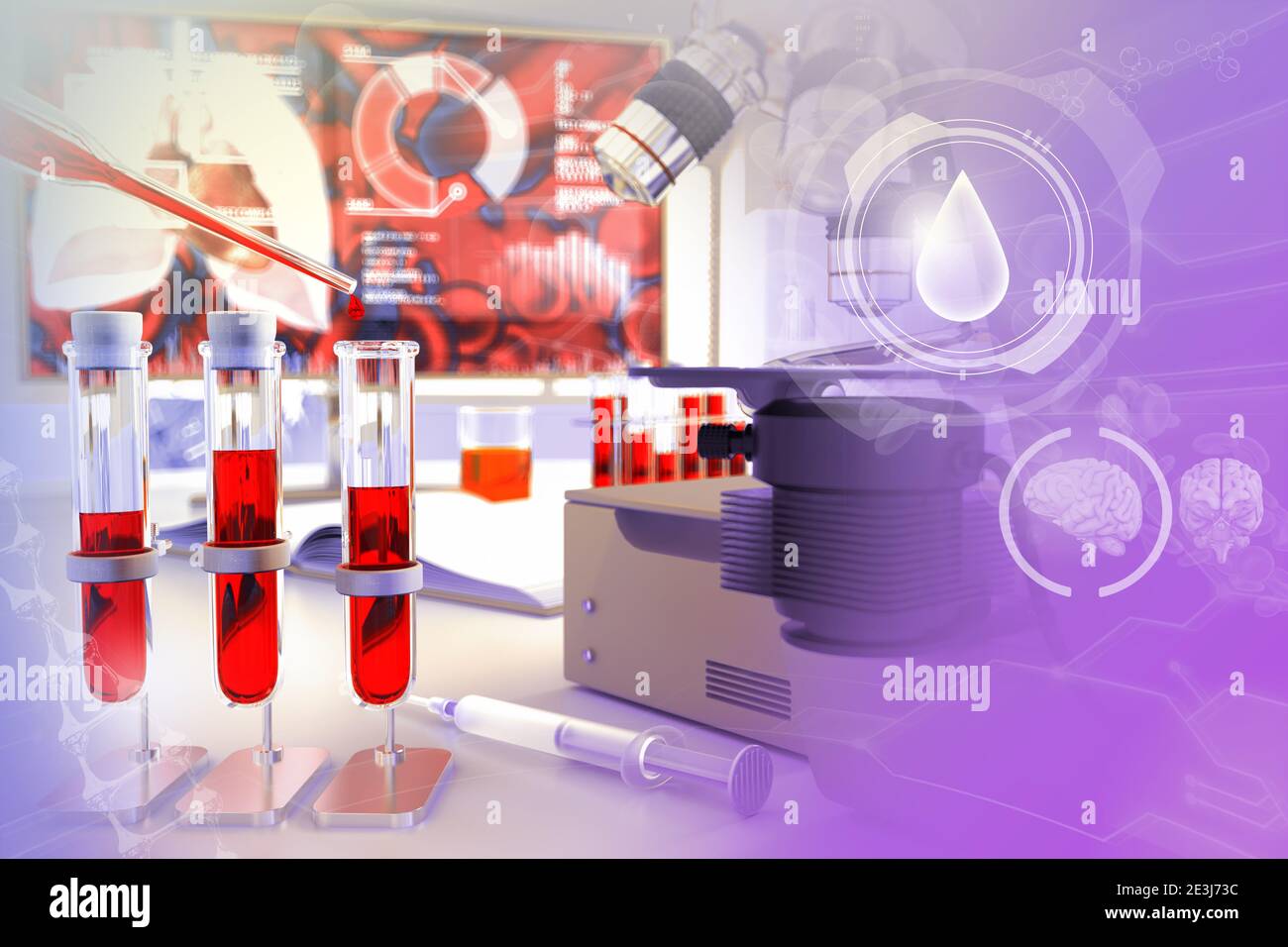 Tubes à essai dans le bureau de biotechnologie - test d'adn sanguin pour l'hémoglobine ou les aides, illustration médicale 3D avec superposition de gradient créative Banque D'Images
