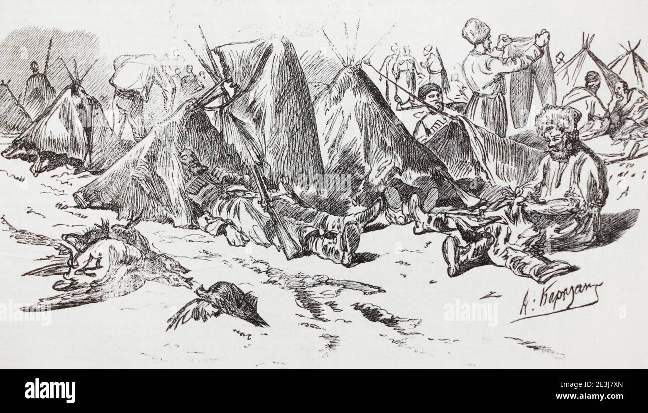 Camp et bivouac des scouts de la mer Noire. Gravure de 1877. Banque D'Images