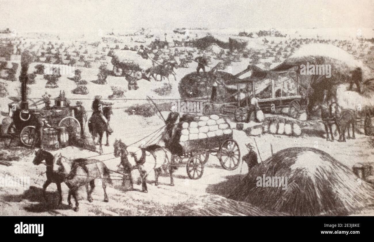 Batteur à vapeur dans le Dakota. Gravure de 1879. Banque D'Images