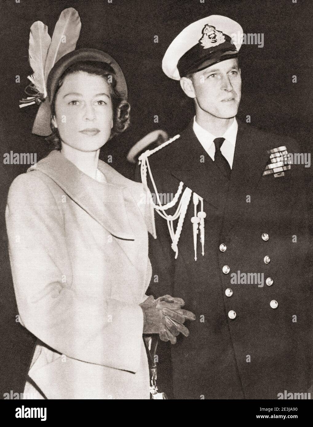 ÉDITORIAL SEULEMENT la princesse Elizabeth vu ici avec le duc d'Édimbourg à Malte en 1949. Princesse Elizabeth de York, 1926 - 2022, future Elizabeth II, Reine du Royaume-Uni. Prince Philip, duc d'Édimbourg, né Prince Philip de Grèce et du Danemark, 1921-2021. Mari de la reine Elizabeth II du Royaume-Uni. Du livre de la Reine Elizabeth Coronation, publié en 1953. Banque D'Images