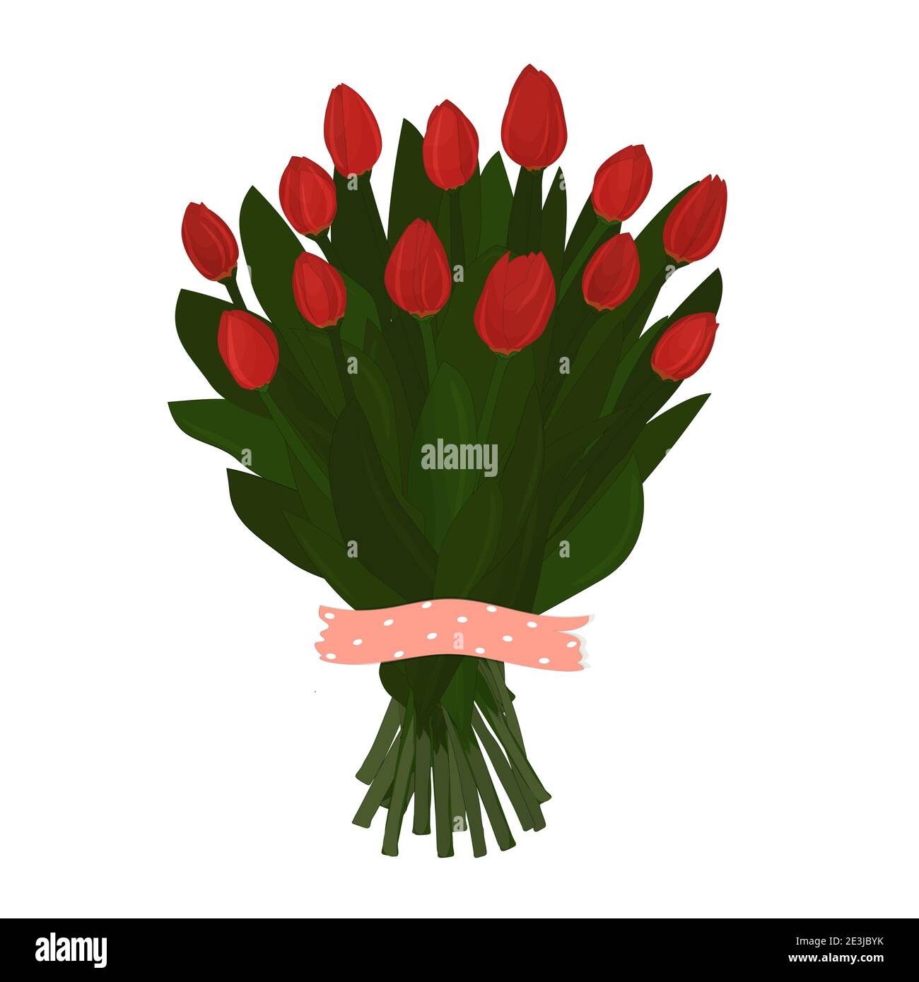 Bouquet de treize tulipes rouges brillantes. Les fleurs sont sous le ruban de washi à motifs roses pour gratter. L'objet est isolé sur fond blanc Illustration de Vecteur
