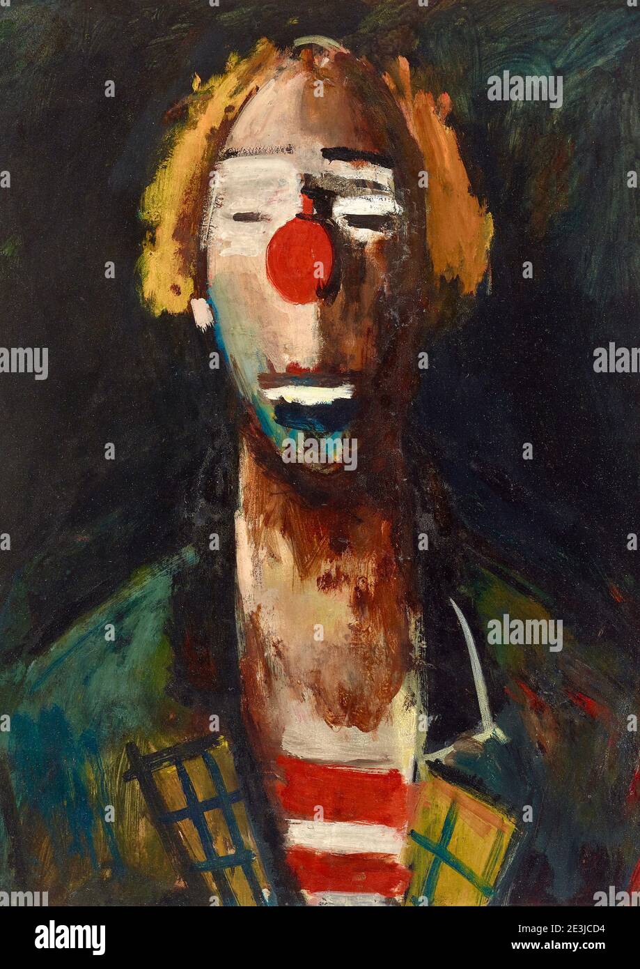 Œuvre de Joseph Kutter intitulée tête de clown ou tête de clown depuis 1937. Le clown est en costume avec un nez rouge proéminent. Banque D'Images
