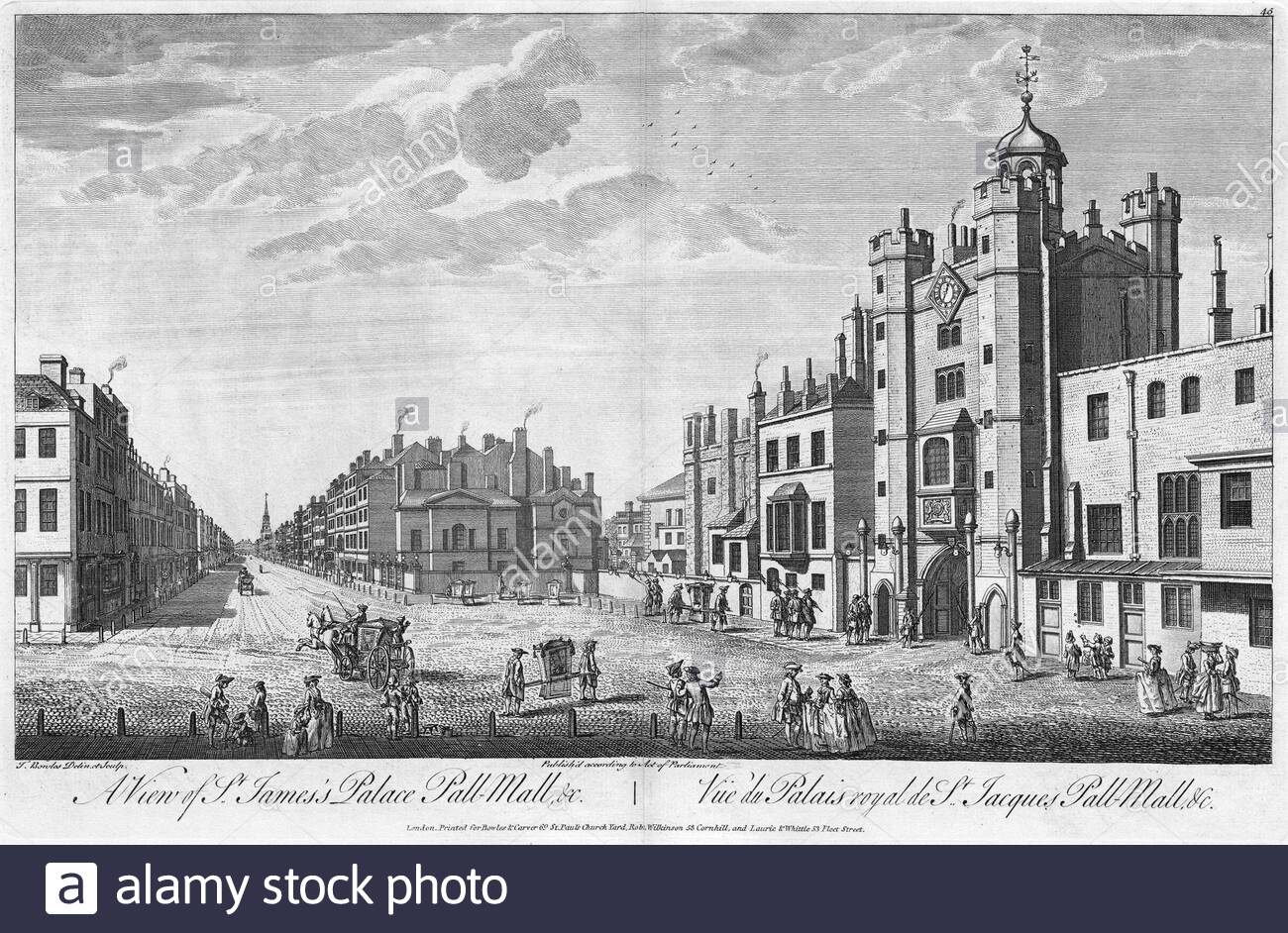 Vue sur le Palais St James's, Pall Mall London, illustration d'époque de 1770 Banque D'Images