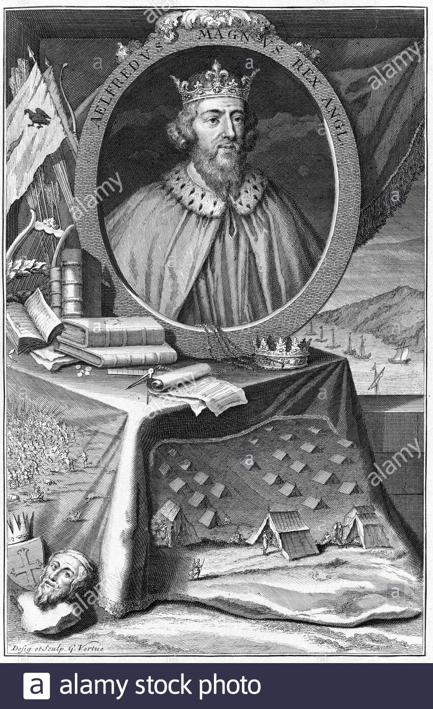 Roi Alfred le Grand, 848-899, roi d'Angleterre, illustration vintage de 1732 Banque D'Images