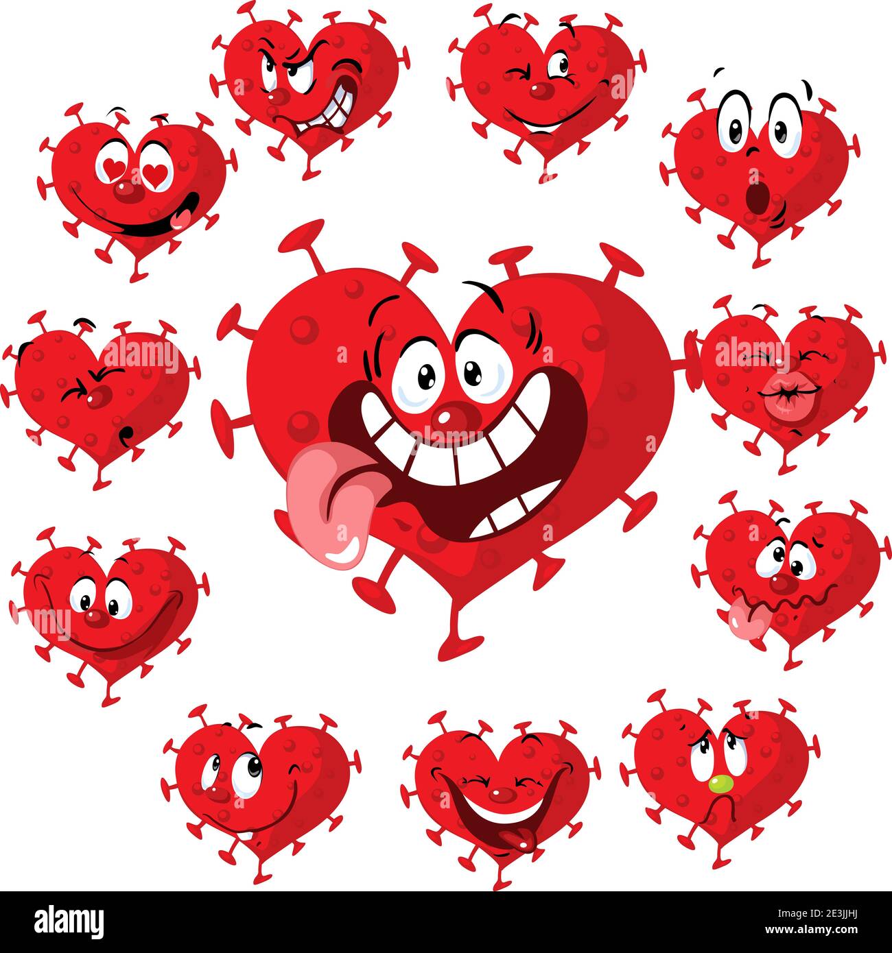 Illustration du vecteur de dessin du cœur du coronavirus avec de nombreuses expressions faciales - Autocollants Saint-Valentin Banque D'Images