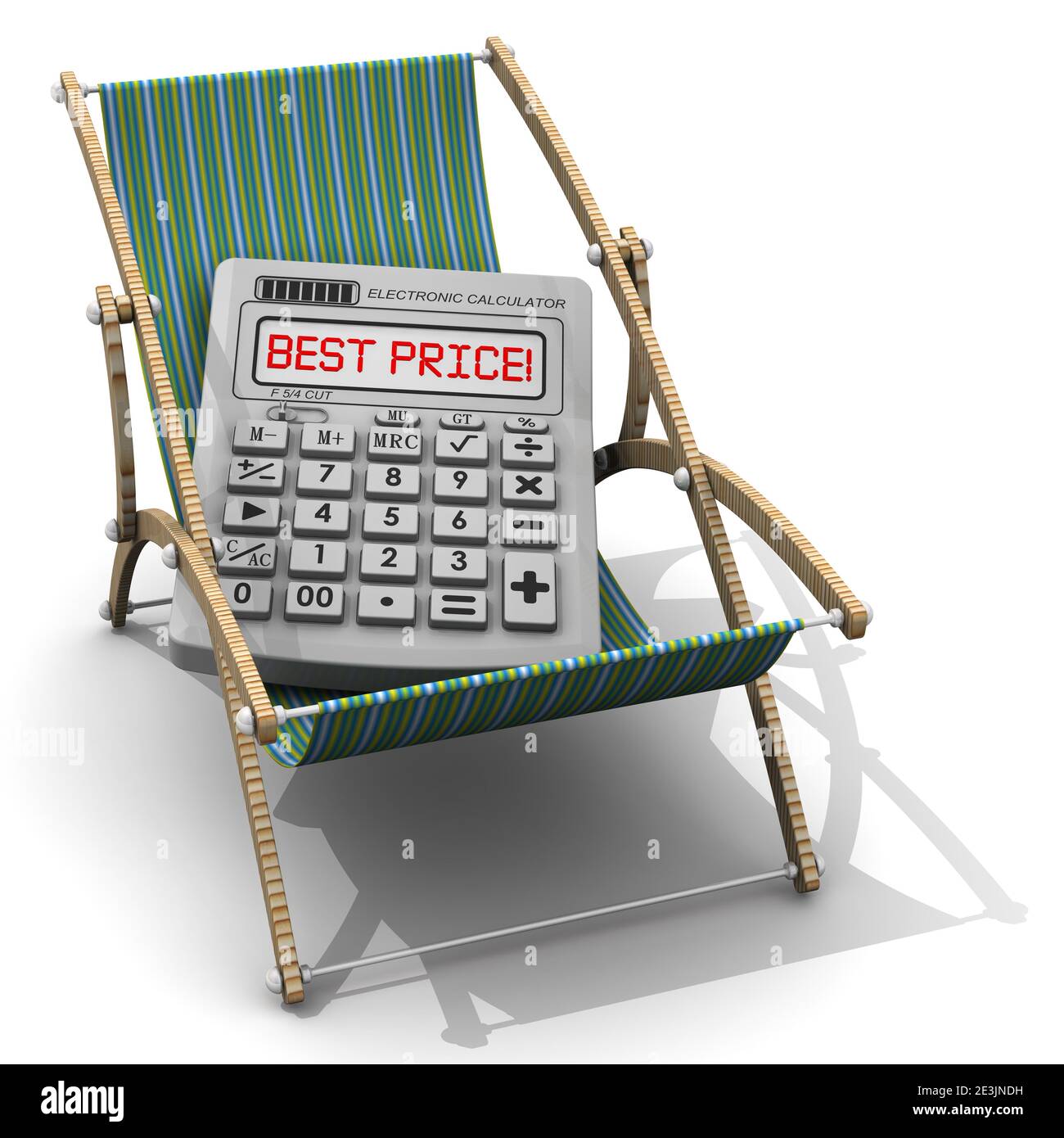 Excursion au meilleur prix. Le concept. Calculatrice électronique avec texte rouge MEILLEUR PRIX! il est situé sur un transat. Concept de voyage à bas prix. Illustration 3D Banque D'Images