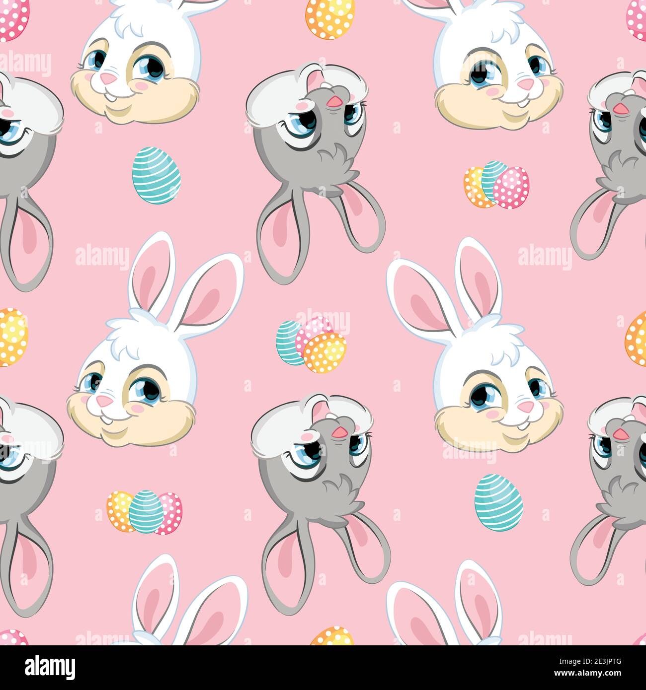 Motif vectoriel sans couture avec le concept Pâques. Têtes de petits lapins blancs et gris mignons et œufs de pâques. Illustration colorée isolée sur fond rose. Illustration de Vecteur