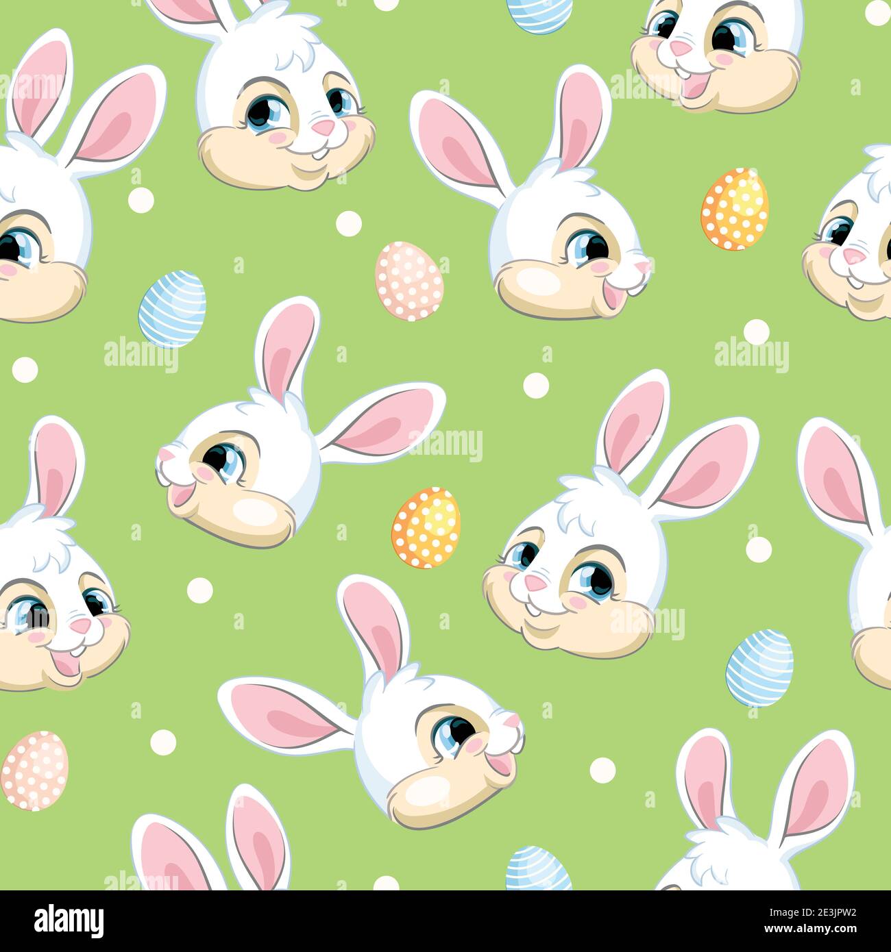 Motif vectoriel sans couture avec le concept Pâques. Têtes de petits lapins blancs mignons et œufs de pâques. Illustration colorée isolée sur fond vert. Pour prin Illustration de Vecteur