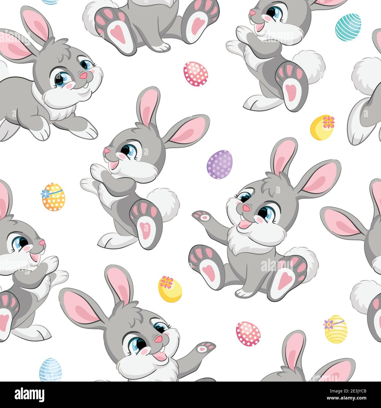 Motif vectoriel sans couture avec le concept Pâques. Lapins de pâques gris mignons. Illustration colorée isolée sur fond gris clair. Pour imprimé, t-shirt, des Illustration de Vecteur