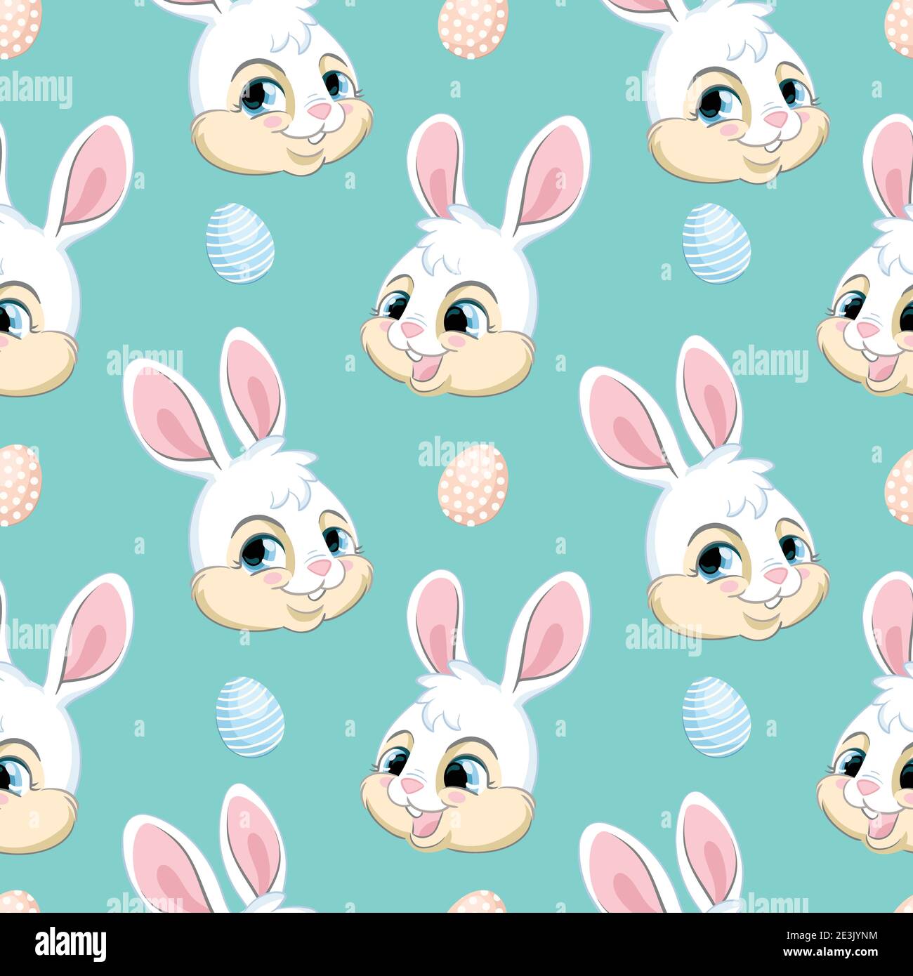 Motif vectoriel sans couture avec le concept Pâques. Têtes de lapins blancs mignons et œufs de pâques. Illustration colorée isolée sur fond turquoise. Pour Illustration de Vecteur