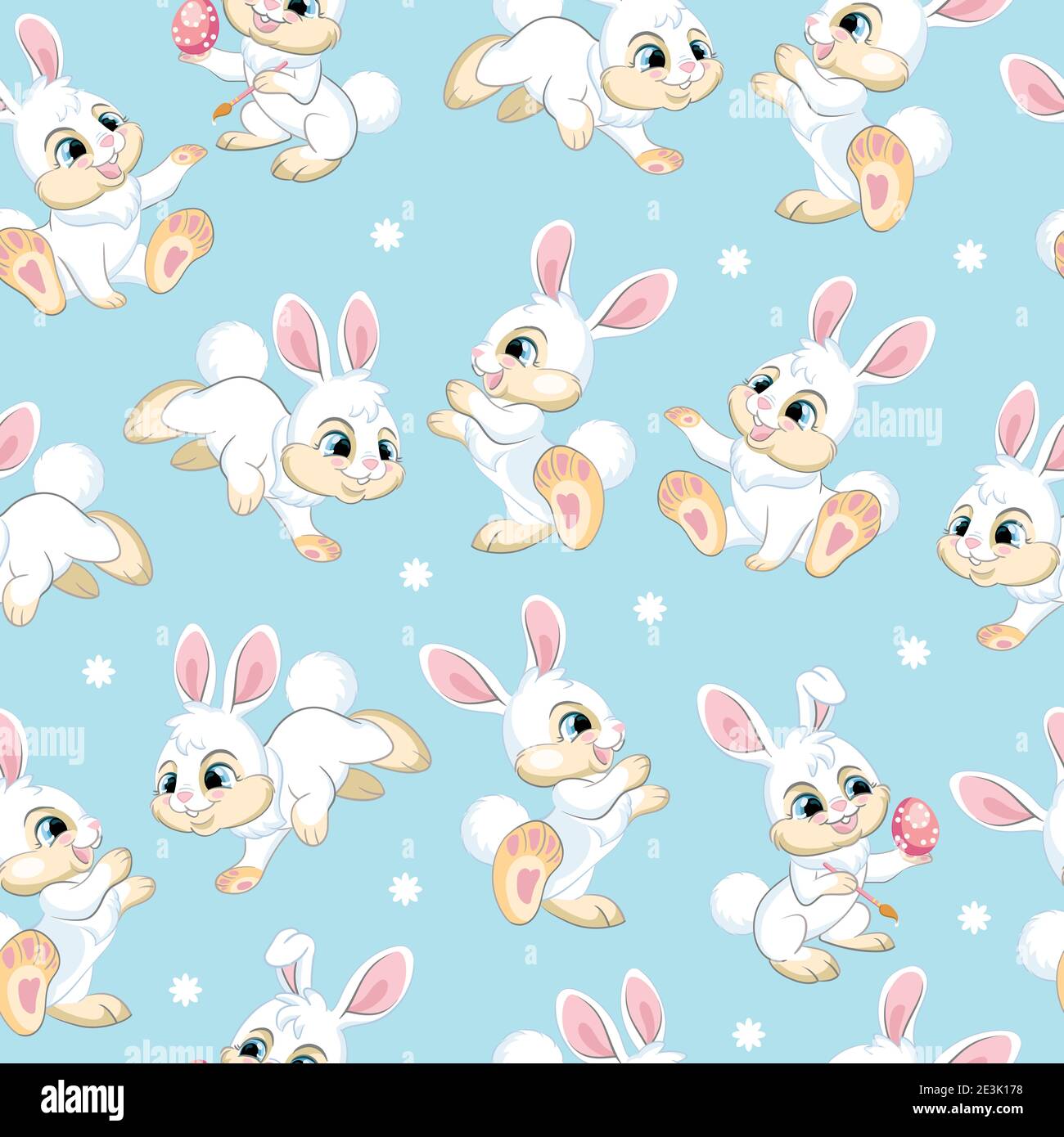 Motif vectoriel sans couture avec le concept Pâques. Petits lapins blancs mignons. Illustration colorée isolée sur fond bleu. Pour l'impression, le t-shirt, le design et le papier peint Illustration de Vecteur