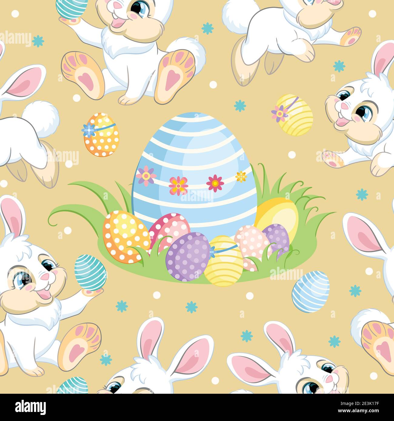 Motif vectoriel sans couture avec le concept Pâques. Les lapins blancs tournent autour de gros œufs de pâques. Illustration colorée isolée sur fond beige. Pour l'impression, Illustration de Vecteur