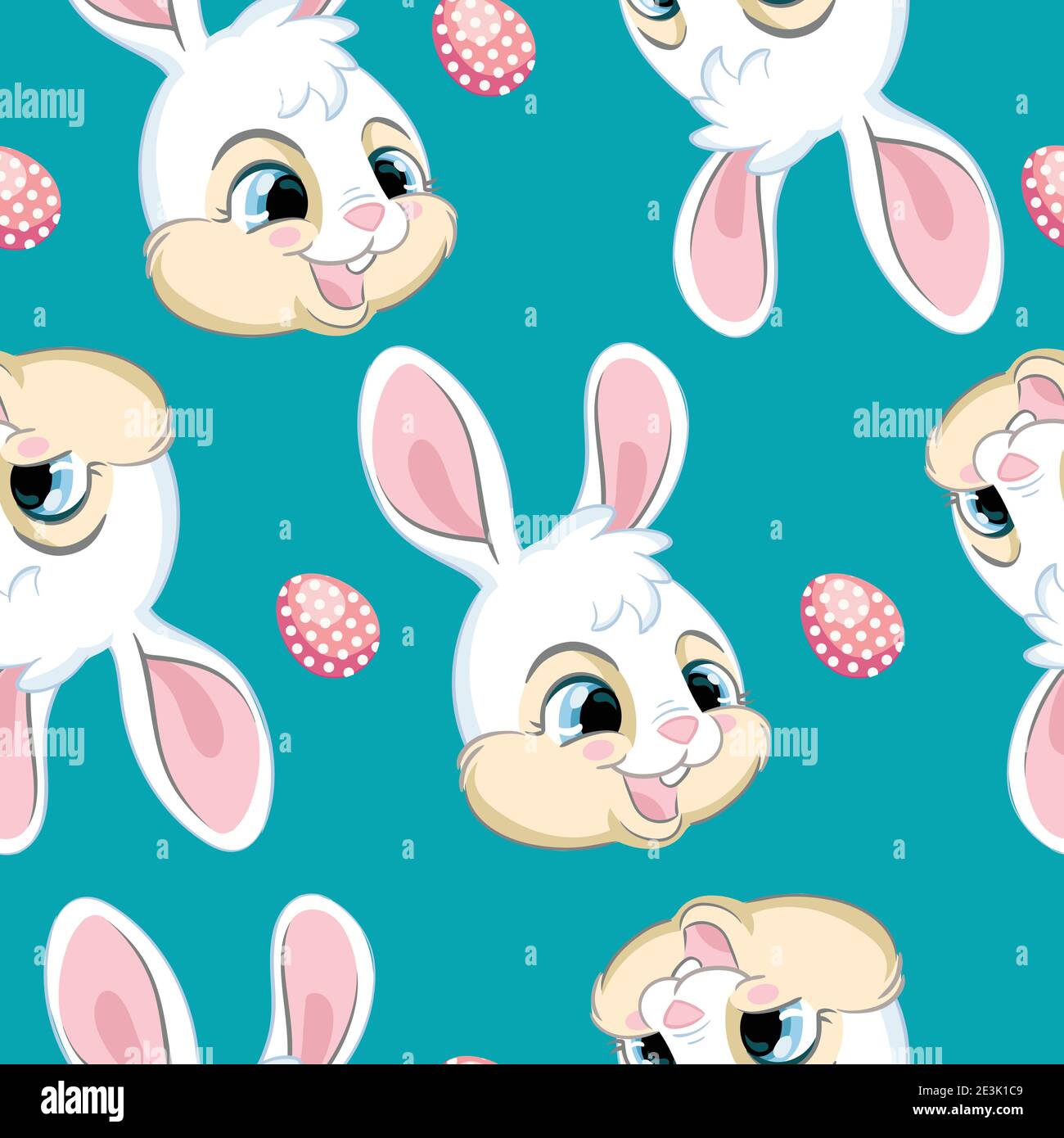 Motif vectoriel sans couture avec le concept Pâques. Têtes de petits lapins blancs mignons et œufs de pâques. Illustration colorée isolée sur fond turquoise. Pour Illustration de Vecteur