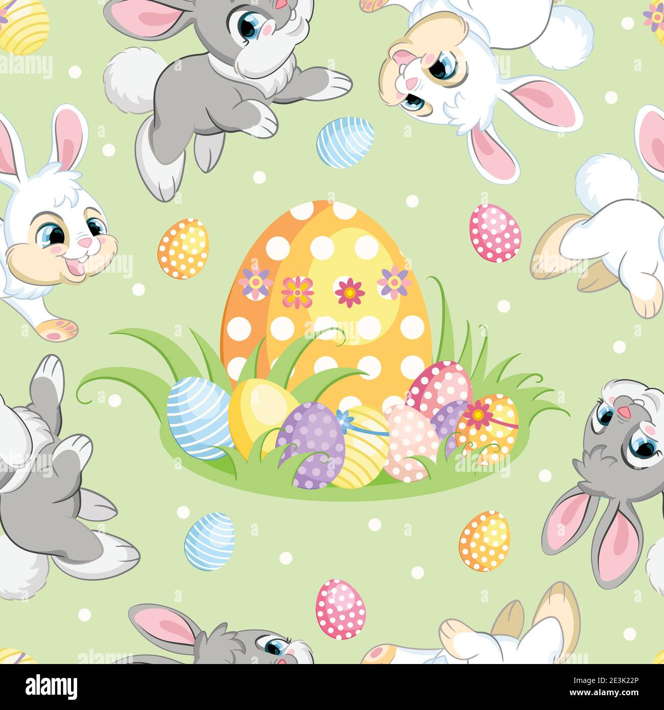 Motif vectoriel sans couture avec le concept Pâques. Les lapins blancs et gris tournent autour de gros œuf de pâques. Illustration colorée isolée sur fond vert. Pour Illustration de Vecteur
