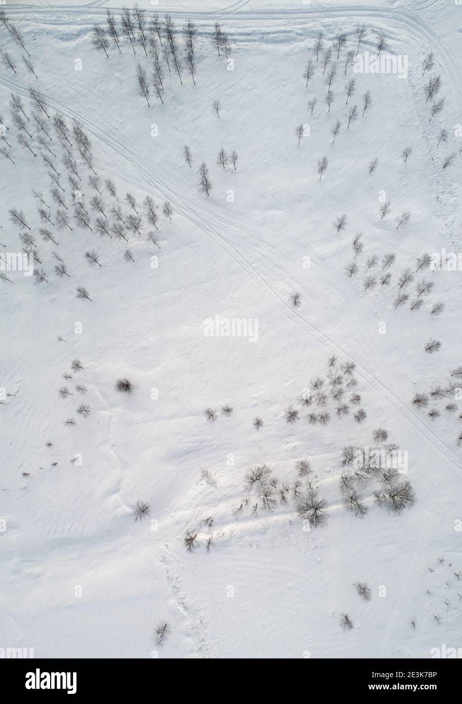 Paysage d'hiver pente aérienne drone vue de dessus. Arrière-plan pittoresque et enneigé Banque D'Images
