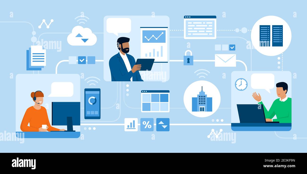 Les professionnels travaillent ensemble en ligne, parlent et partagent des fichiers : concept de travail à distance et de lieu de travail numérique Illustration de Vecteur