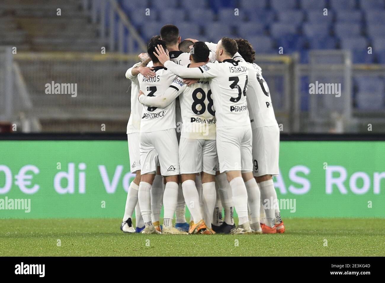 Rome, Italie. 19 janvier 2021. ROME, ITALIE - janvier 19 : Riccardo Saponara Spezia célèbre après avoir mis un gol au cours du match de football de la coupe Tim des années quatre-vingt entre AS Roma et Spezia au Stadio Olimpico le 19 janvier 2021 à Rome Italie /LiveMedia Credit: Claudio Pasquazi/LPS/ZUMA Wire/Alay Live News Banque D'Images