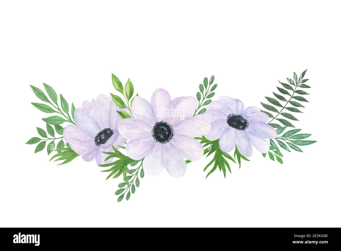 Blanc anémone fleur vert feuille décorative arrangement floral dessiné à la main style vintage aquarelle illustration parfaite pour carte de voeux, bannière, wedd Banque D'Images