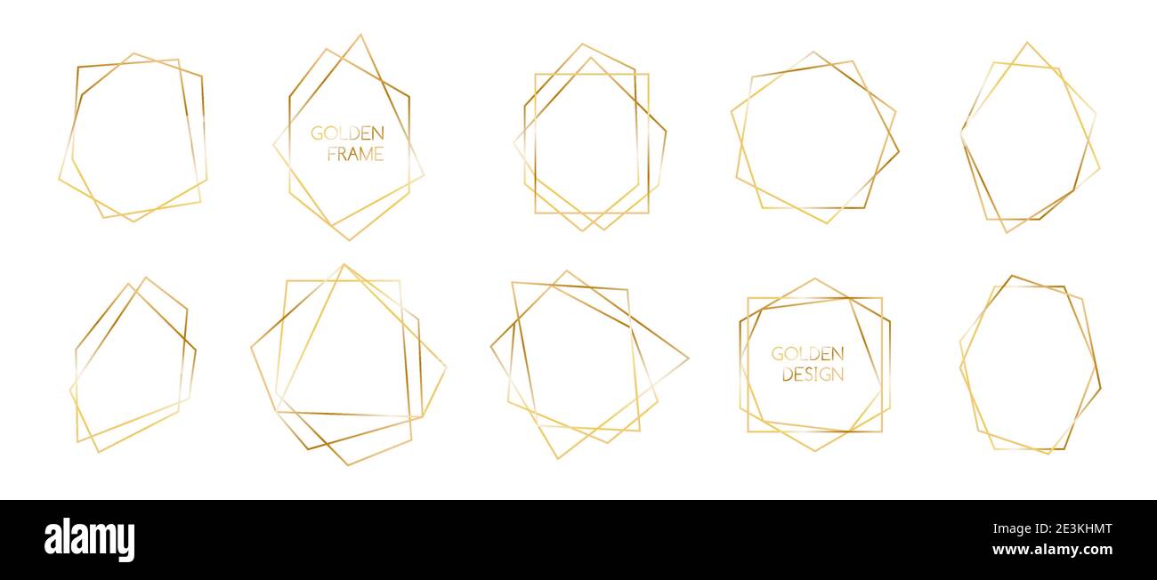 Ensemble vectoriel de cadres en polyèdre doré. Bordures géométriques abstraites à fines lignes pour les invitations, les mariages et les décorations de qualité Illustration de Vecteur