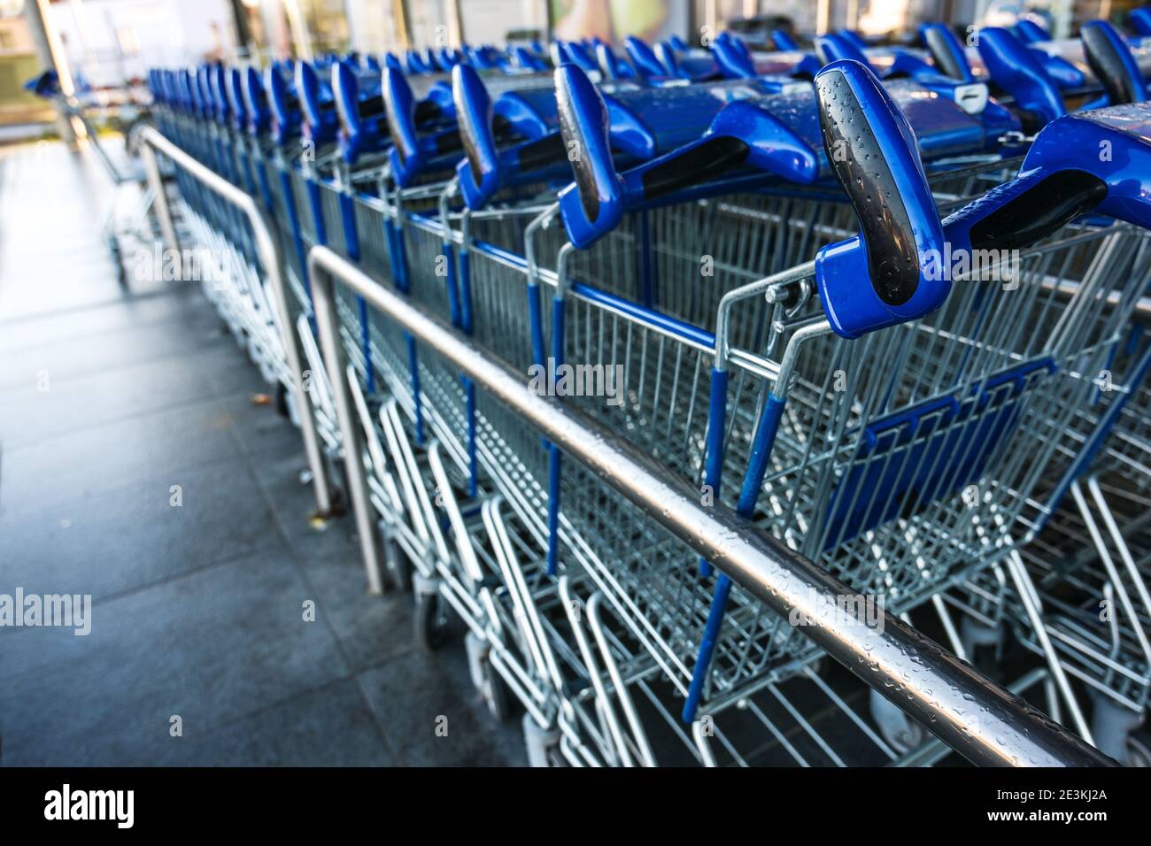 Poignées bleues des chariots dans une rangée attendant les clients devant un magasin de détail pendant le verrouillage en raison de la pandémie de covid-19, espace de copie, sélection Banque D'Images