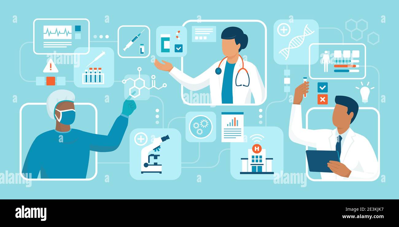 Les médecins et les scientifiques travaillent ensemble : traitement, recherche médicale et innovation Illustration de Vecteur