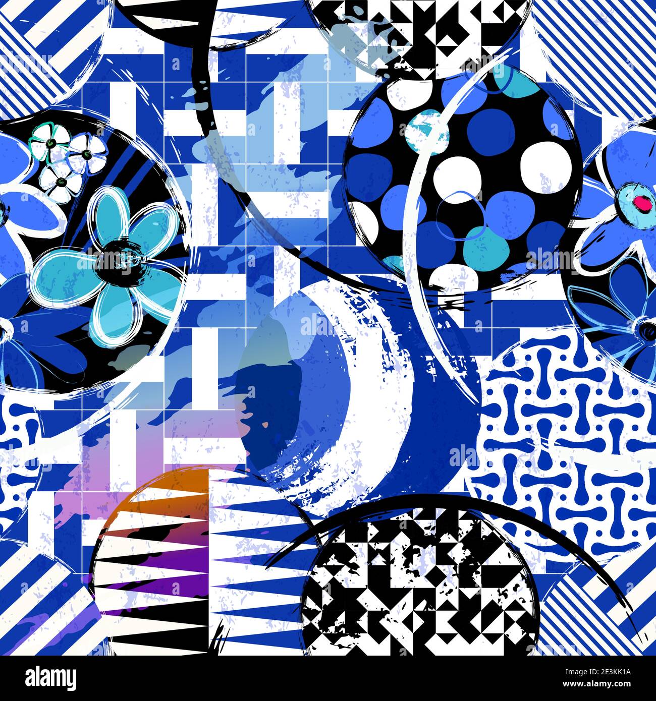 arrière-plan à motif géométrique sans couture, avec cercles, ornements, fleurs, touches de peinture et éclaboussures Illustration de Vecteur