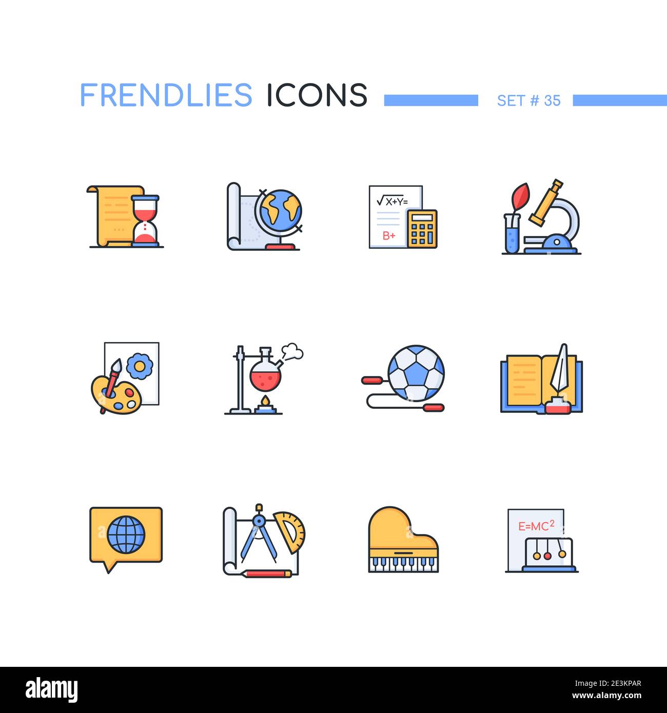 Thèmes scolaires - jeu d'icônes de style de design de ligne moderne. Apprentissage et idée de connaissance. Histoire, géographie, biologie, langue, PE, chimie, art, mathématiques, d Illustration de Vecteur