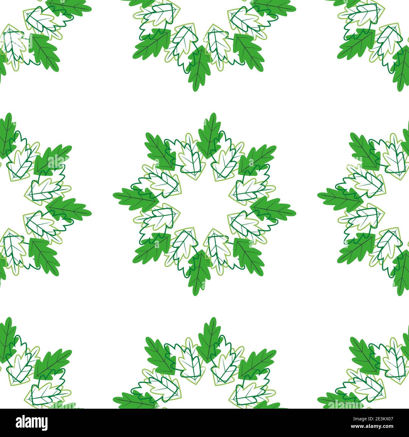 Couronnes de feuilles et leurs contours sur fond blanc. Motif vectoriel abstrait sans couture avec feuilles de chêne vert. Décor à feuilles caduques. Illustration de Vecteur