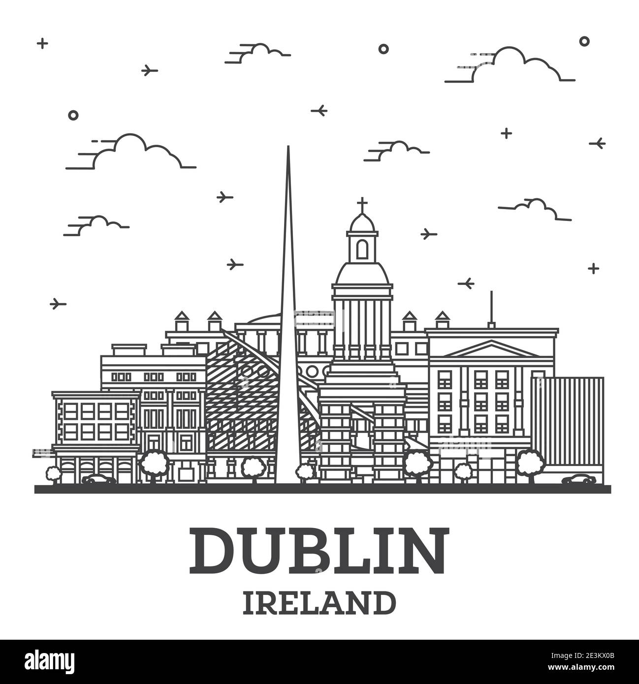 Dublin Irlande Aperçu sur les toits de la ville avec ses bâtiments historiques isolé sur blanc. Vector Illustration. La ville de Dublin avec repères. Illustration de Vecteur
