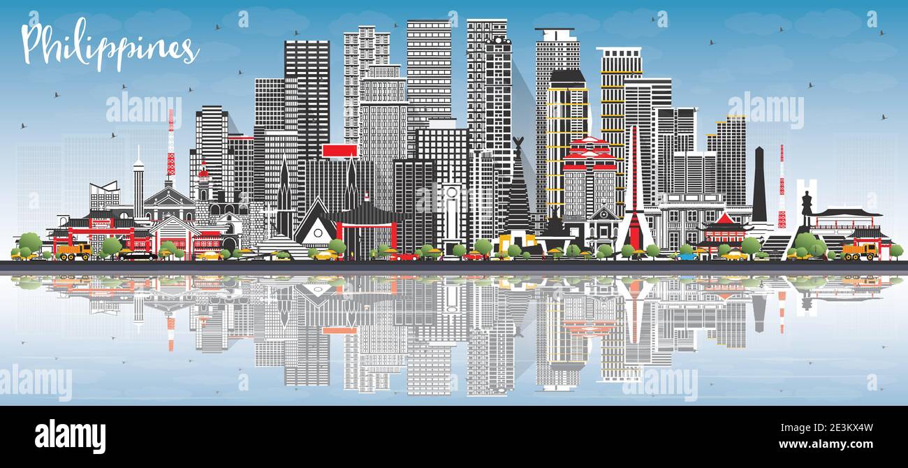 Philippines City Skyline avec bâtiments gris, ciel bleu et réflexions. Illustration vectorielle. Concept avec architecture historique. Philippines CityScape Illustration de Vecteur