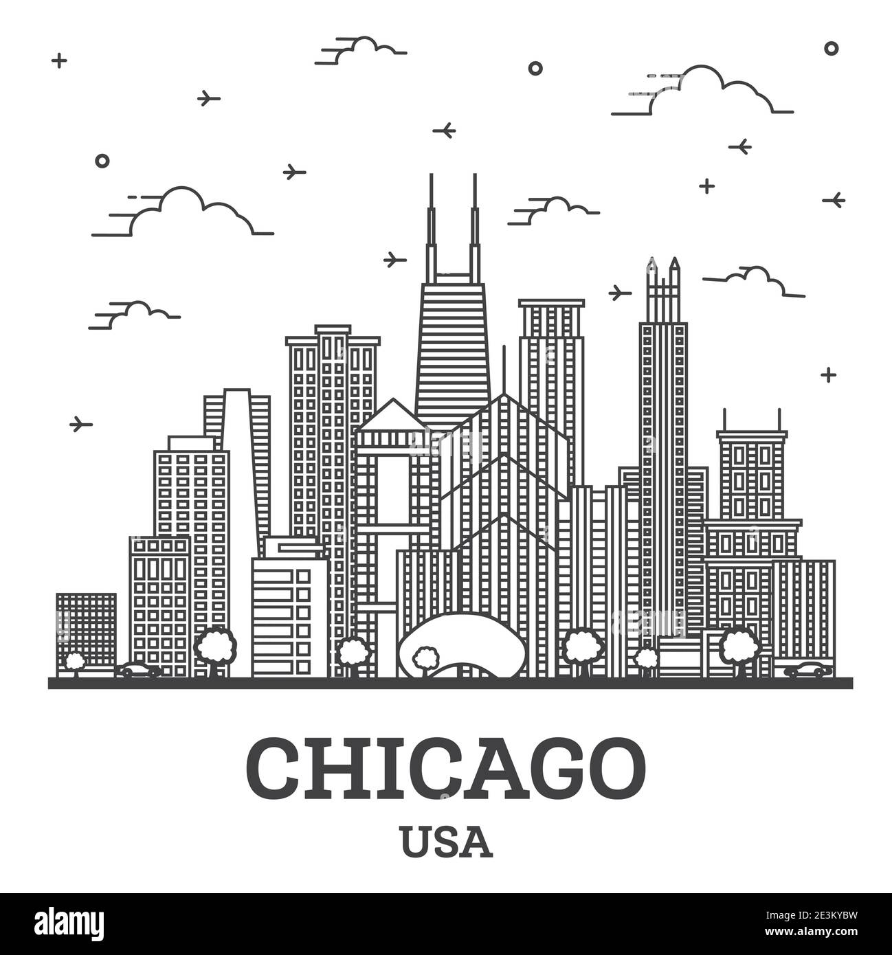 Outline Chicago Illinois USA City Skyline avec bâtiments modernes isolés sur blanc. Illustration vectorielle. Chicago CityScape avec des monuments. Illustration de Vecteur