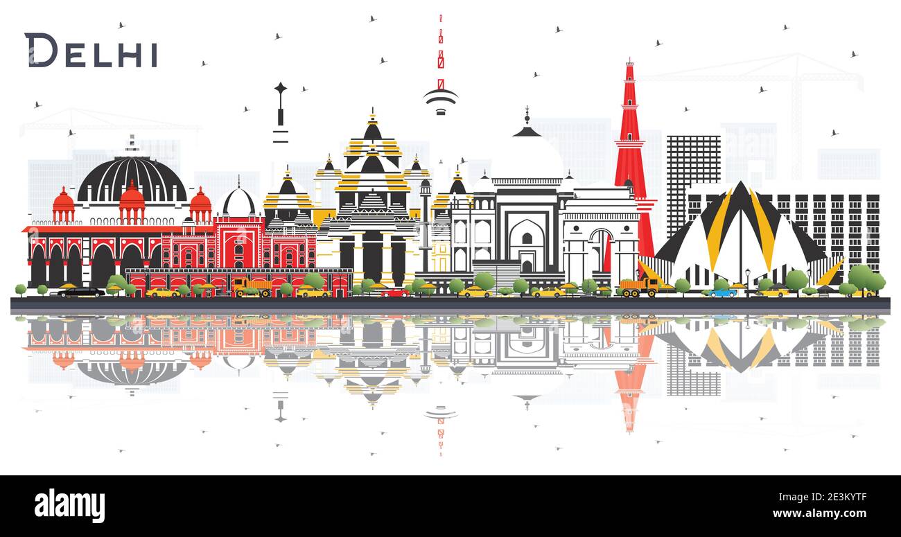 Delhi India City Skyline avec couleurs bâtiments et réflexions isolées sur blanc. Illustration vectorielle. Voyages d'affaires et tourisme Illustration de Vecteur