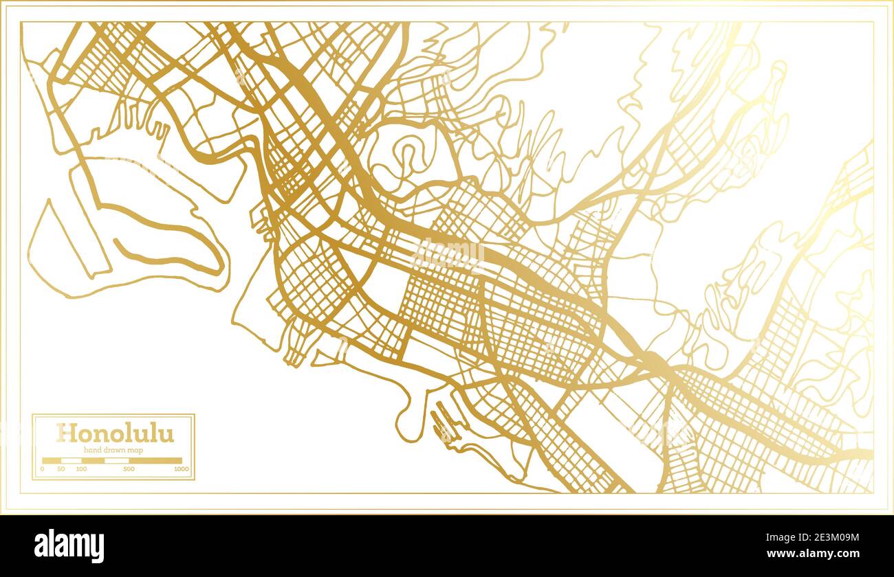 Honolulu USA carte de la ville en style rétro en couleur dorée. Carte de contour. Illustration vectorielle. Illustration de Vecteur