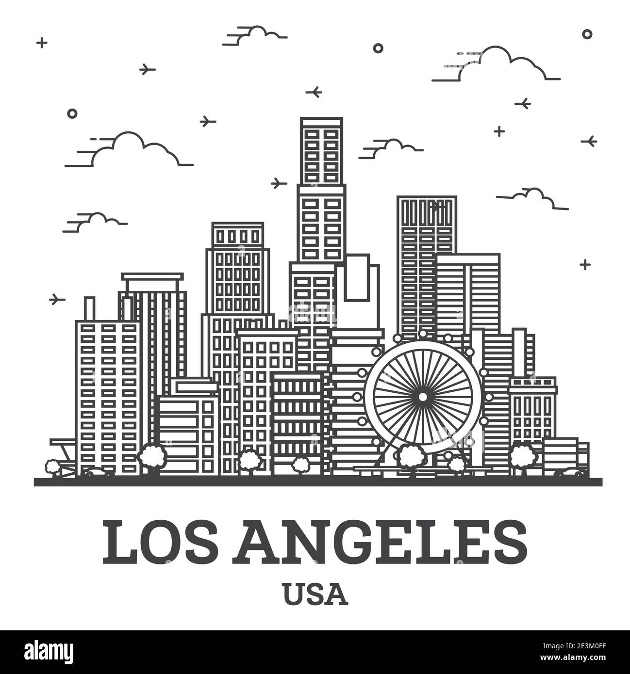 Contour Los Angeles California USA City Skyline avec bâtiments modernes isolés sur blanc. Illustration vectorielle. Paysage urbain de Los Angeles avec des monuments. Illustration de Vecteur