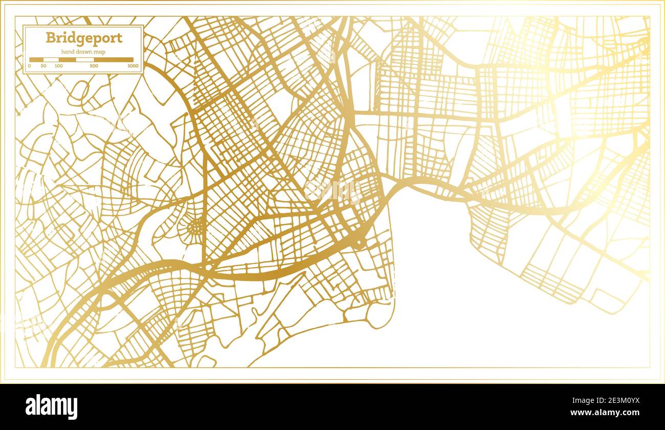 Carte de la ville de Bridgeport USA en style rétro en couleur dorée