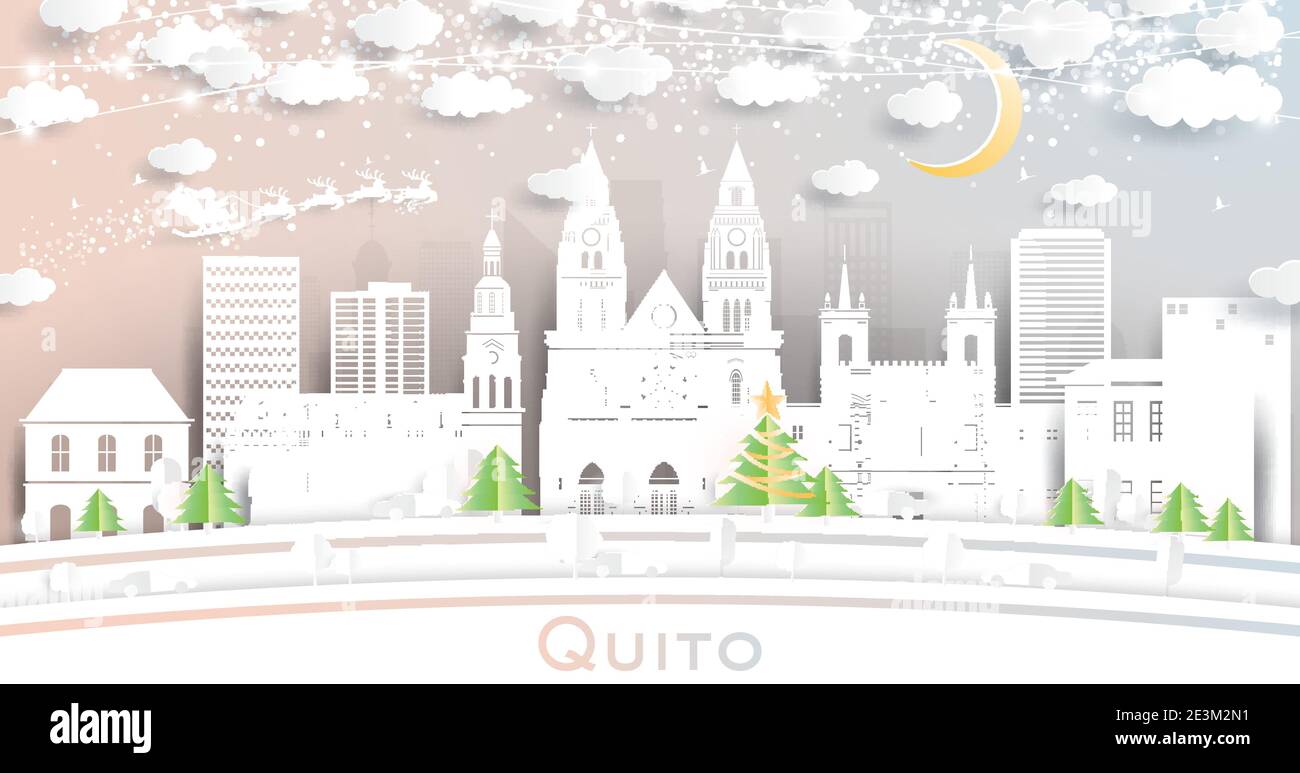 Quito ville de l'Equateur Skyline en style papier coupé avec flocons de neige, Lune et Neon Garland. Illustration vectorielle. Concept Noël et nouvel an. Le Père Noël Illustration de Vecteur