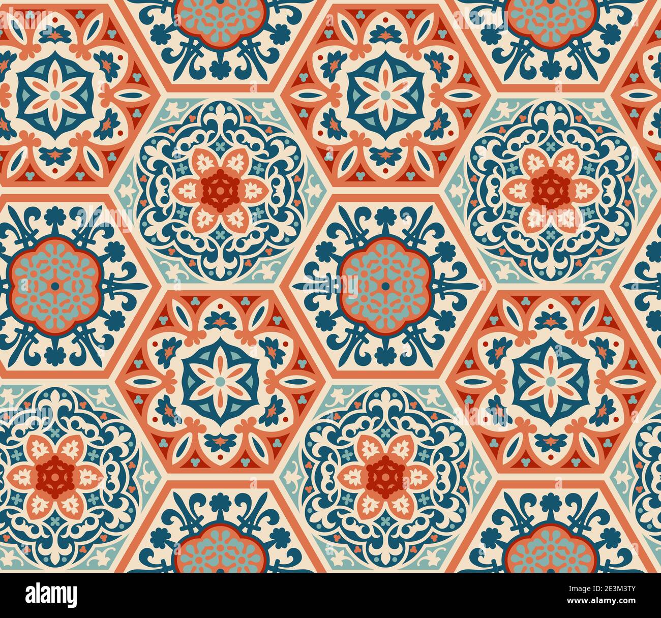 Carreaux en céramique de ciment à motifs hexagonaux, motif vectoriel sans couture, style patchwork. Azulejo portugais, talavera, tuiles marocaines Illustration de Vecteur