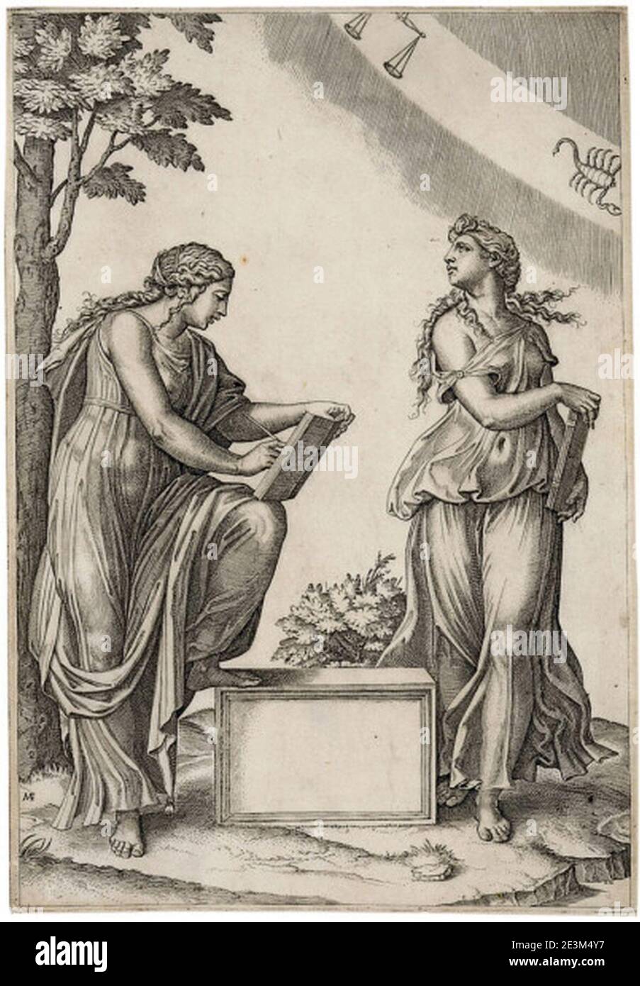 Marcantonio Raimondi - deux femmes avec les signes de la Balance et du Scorpion. Banque D'Images Marcantonio Raimondi - deux femmes avec les signes de la Balance et du Scorpion. Banque D'Images