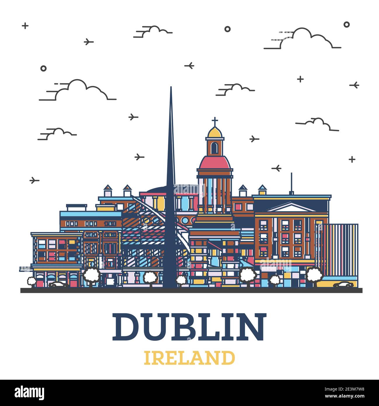 Outline Dublin Ireland City Skyline avec des bâtiments historiques colorés isolés sur blanc. Illustration vectorielle. Dublin CityScape avec des monuments. Illustration de Vecteur